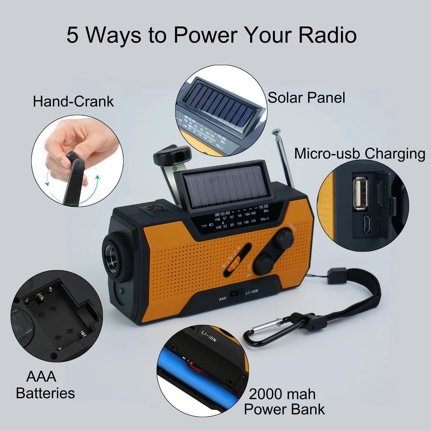 Emergency Weather Radio,Outdoor Portable Hand Crank Radio Solar Powered,AM/FM, SOS Alarm,LED Reading Lamp,Flashlight,Power Bank