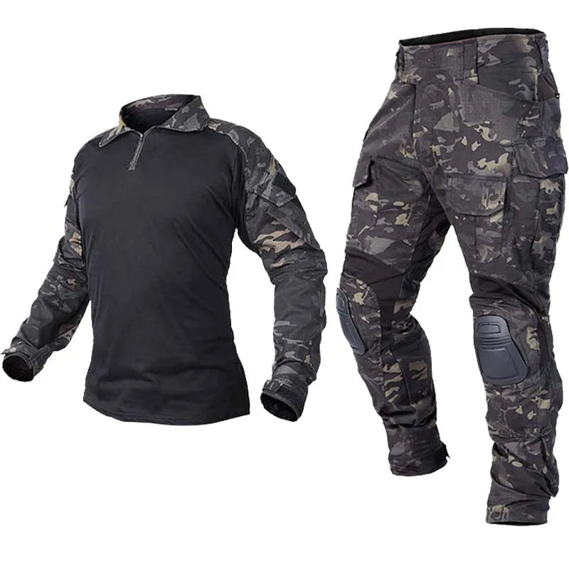 AUKU Combat Uniform +Pads Safari Tactical Pants Sport Climbing Uniform Camo Shirt Combat Shirts Hunting Clothes Men Clothing