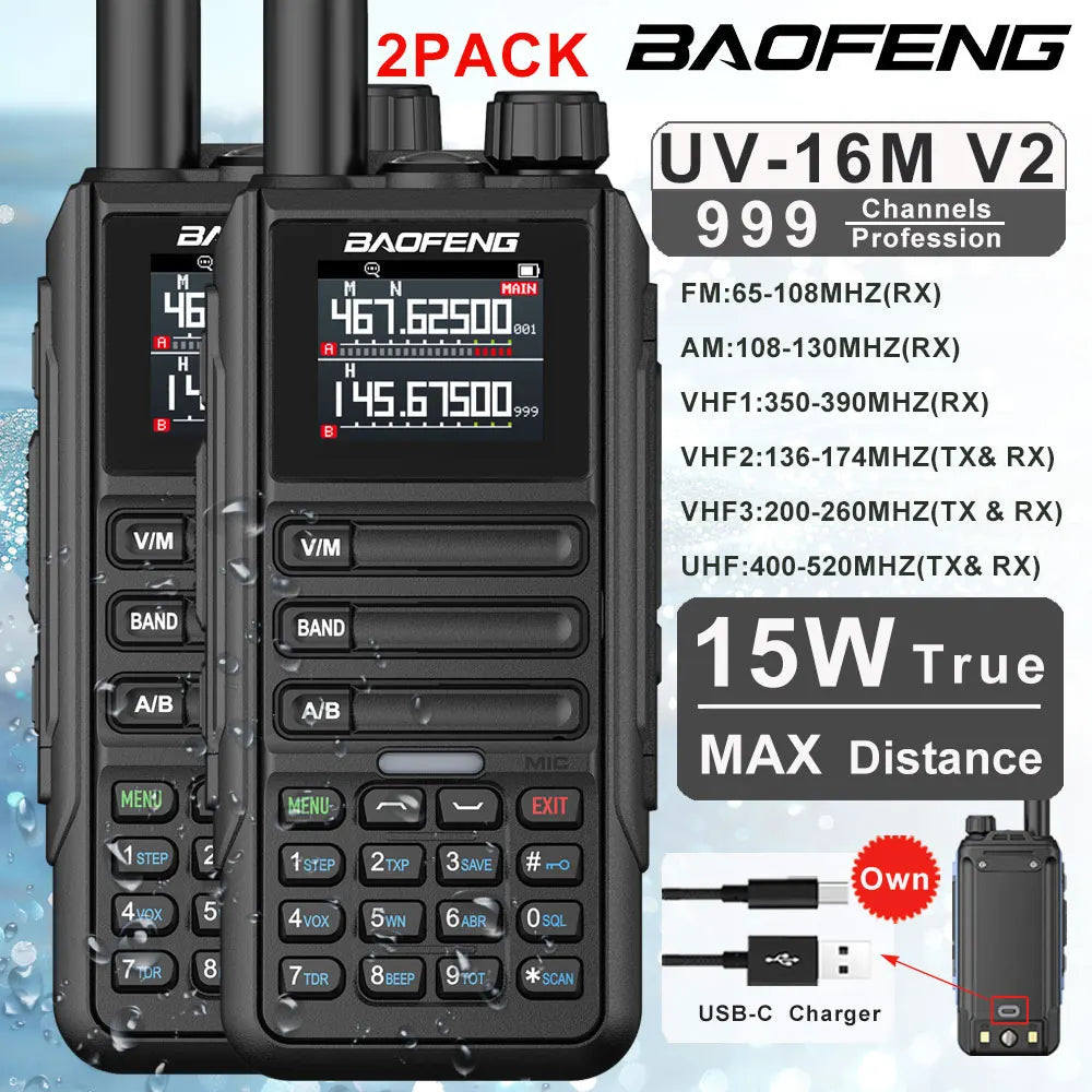 2PCS Baofeng Walkie Talkie 12W High Capacity AM FM Two Way Radio Full Band LCD 999CH Frequency Copy NOAA Noise Reduce