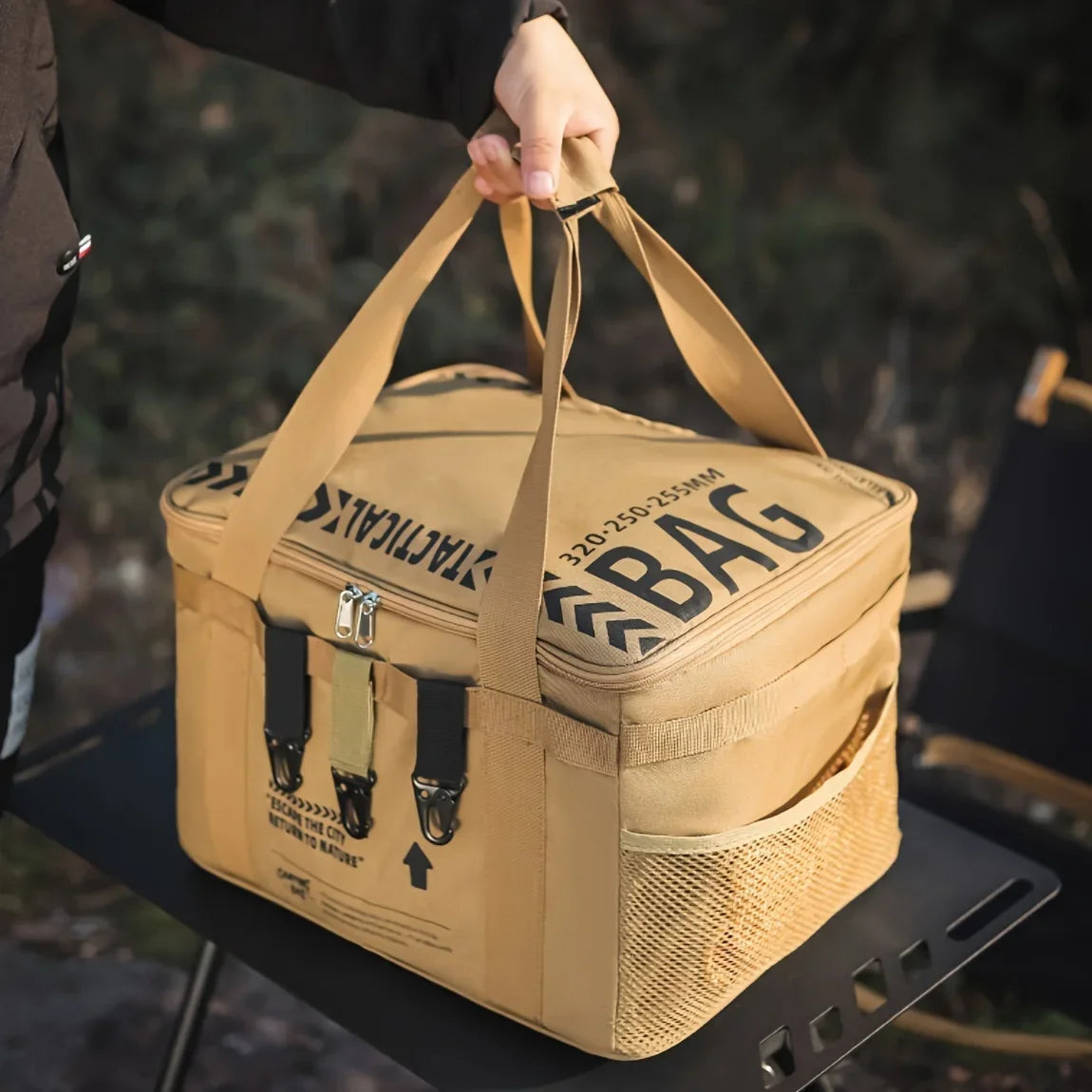 1 5.28-gallon Multifunctional Outdoor Storage Bag with Zipper and Shoulder Strap Closure for Picnics, Camping Accessories