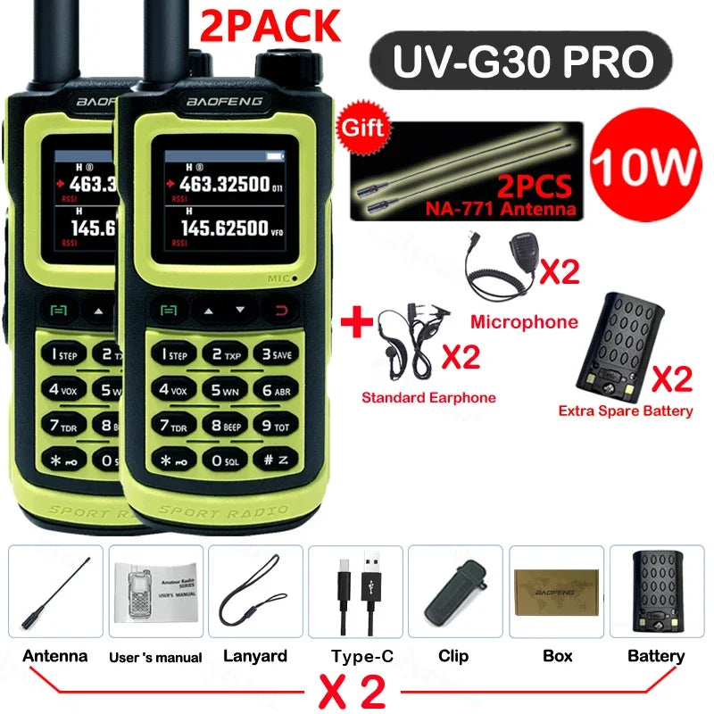 2PCS Baofeng 10W 50KM Walkie Talkie 4-Bands Long Range Portable Ham Radios Copy Frequency 999CH NOAA Two-Way Radio UV-G30 Pro V1
