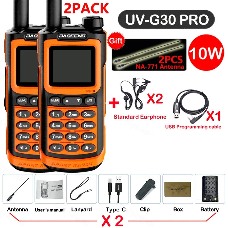 2PCS Baofeng 10W 50KM Walkie Talkie 4-Bands Long Range Portable Ham Radios Copy Frequency 999CH NOAA Two-Way Radio UV-G30 Pro V1
