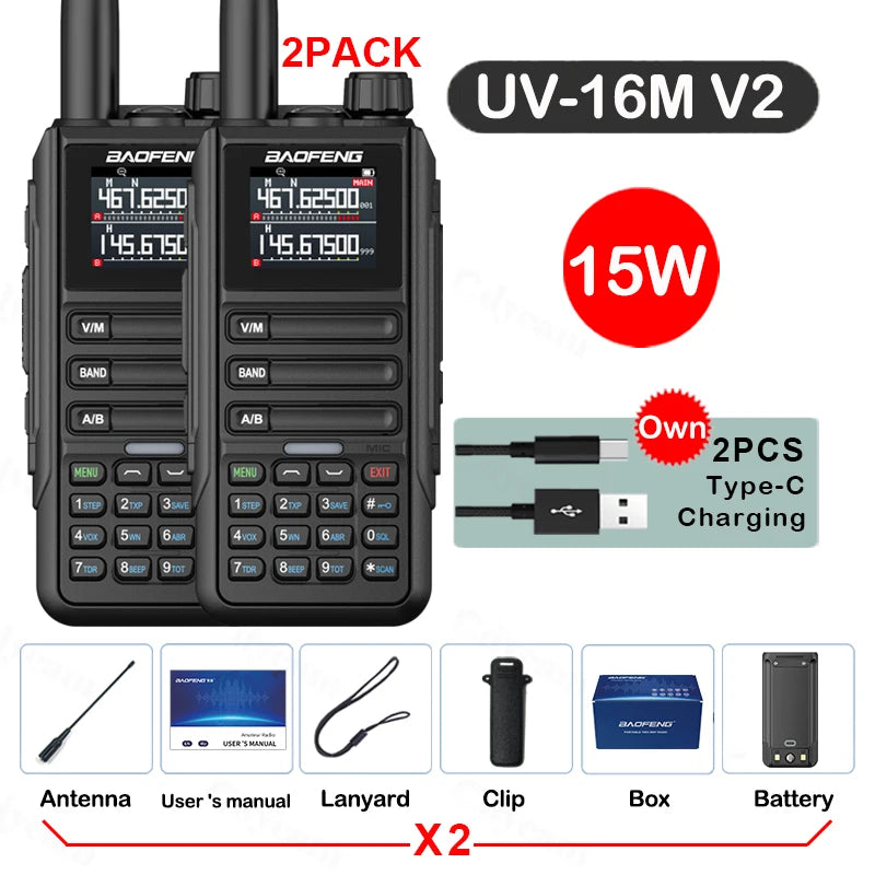 2PCS Baofeng Walkie Talkie 12W High Capacity AM FM Two Way Radio Full Band LCD 999CH Frequency Copy NOAA Noise Reduce