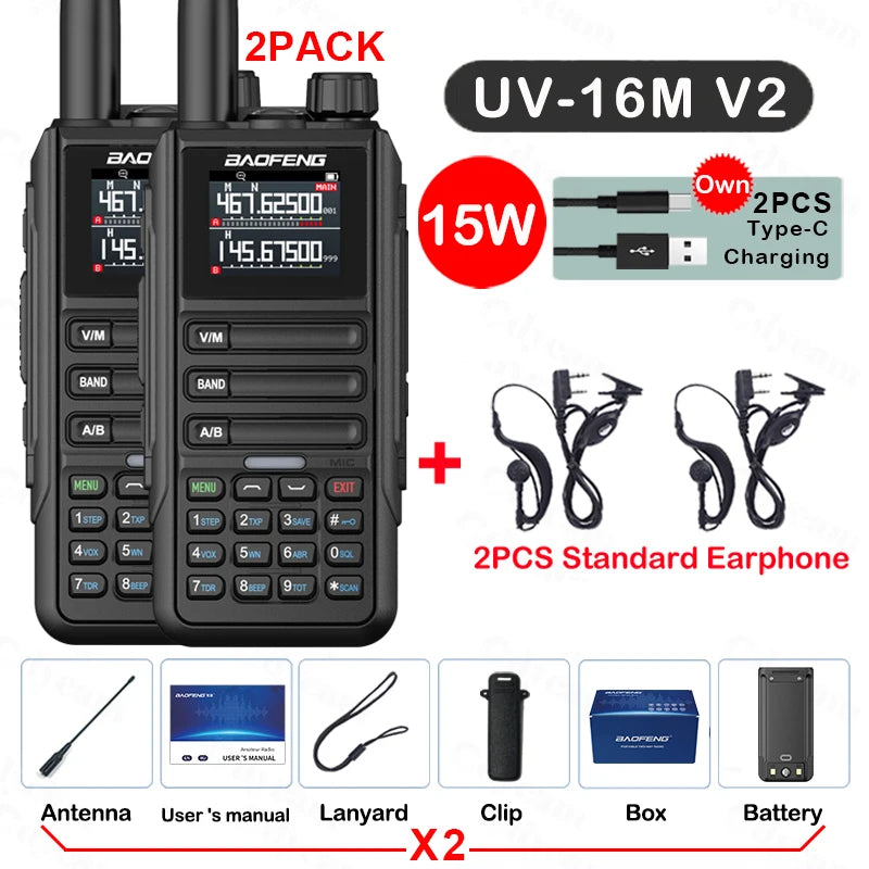 2PCS Baofeng Walkie Talkie 12W High Capacity AM FM Two Way Radio Full Band LCD 999CH Frequency Copy NOAA Noise Reduce
