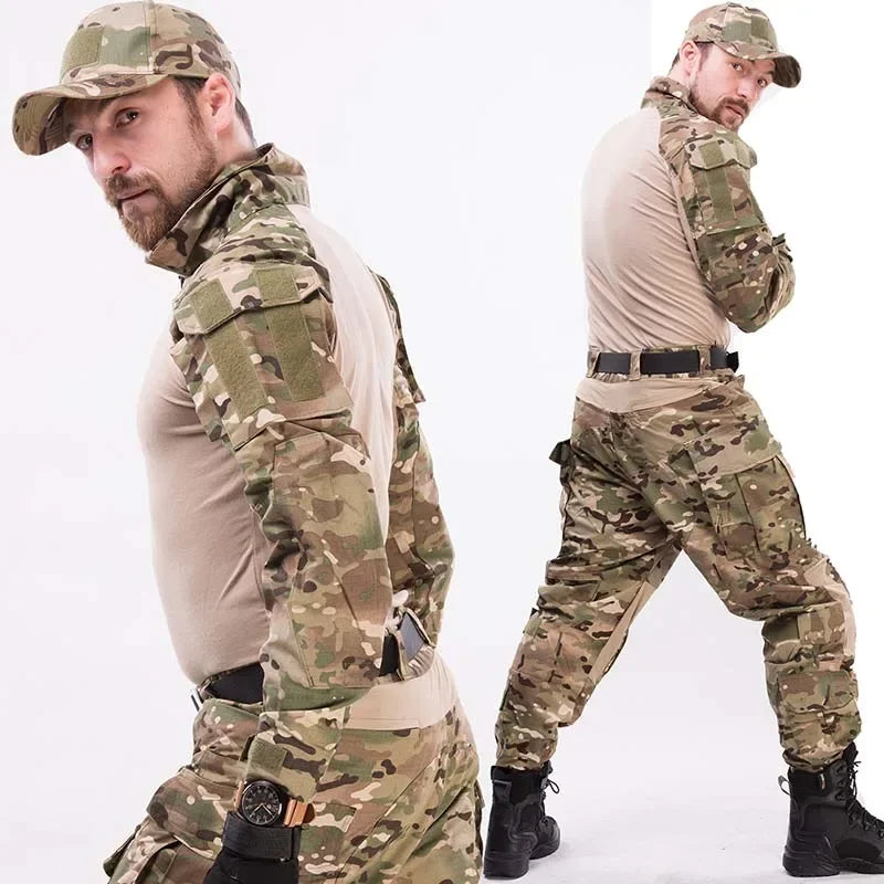 AUKU Combat Uniform +Pads Safari Tactical Pants Sport Climbing Uniform Camo Shirt Combat Shirts Hunting Clothes Men Clothing