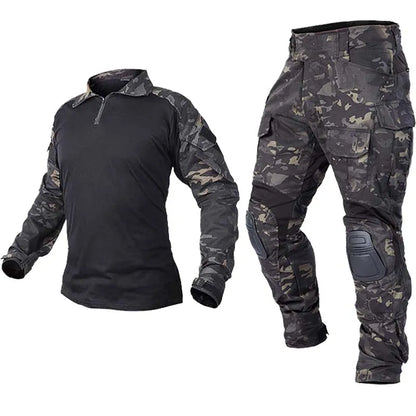 AUKU Combat Uniform +Pads Safari Tactical Pants Sport Climbing Uniform Camo Shirt Combat Shirts Hunting Clothes Men Clothing