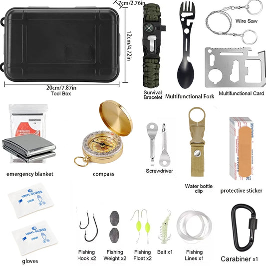 Kit de sobrevivência, equipamentos de sobrevivência profissional, ferramentas, suprimentos de primeiros socorros para emergências, caminhadas táticas, caça, desastres C