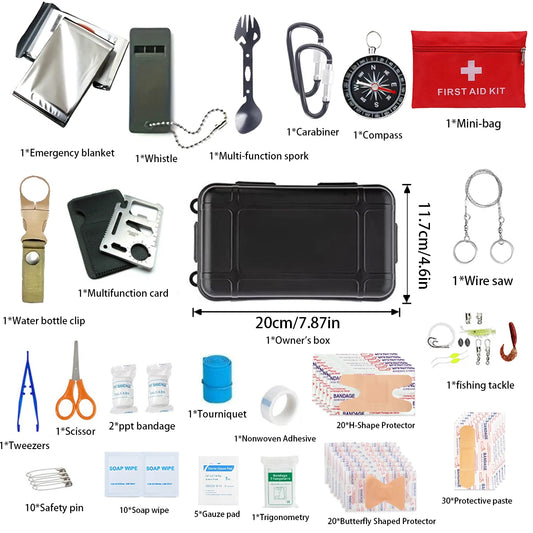 Kit de primeiros socorros de sobrevivência com 57 ferramentas: um kit de emergência completo para acampamentos, pesca e situações de emergência