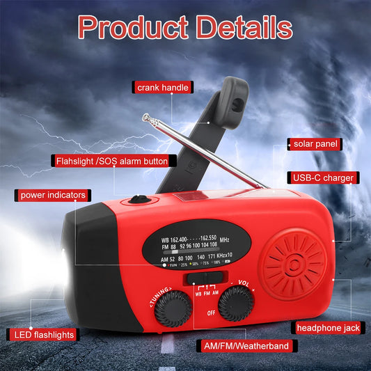 Emergency Radio 2000 mAh with LED Lights Radio USB Solar Charging Light Outdoor Travel Portable Rechargeable FM/AM Radio