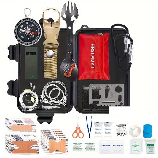 Kit de primeiros socorros de sobrevivência com 57 ferramentas: um kit de emergência completo para acampamentos, pesca e situações de emergência