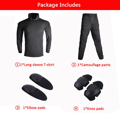 AUKU Combat Uniform +Pads Safari Tactical Pants Sport Climbing Uniform Camo Shirt Combat Shirts Hunting Clothes Men Clothing