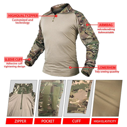 AUKU Combat Uniform +Pads Safari Tactical Pants Sport Climbing Uniform Camo Shirt Combat Shirts Hunting Clothes Men Clothing